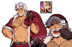  1boy absurdres arm_hair bara bare_pectorals beard blue_eyes chest_hair collage cookie_run eggnog_cookie facial_hair finger_in_own_mouth fur-trimmed_jacket fur_trim gift_bag groin hairy highres holmy_(holmesdmode) humanization jacket large_pectorals male_focus mature_male moustache multiple_views muscular muscular_male navel nipples old old_man one_eye_closed open_clothes open_jacket pants pectorals red_jacket red_pants reference_inset santa_costume short_hair stomach sweatdrop thick_eyebrows tongue tongue_out upper_body white_hair wrinkled_skin 