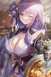  blurry blurry_background bow bowtie breasts bridal_gauntlets cherry cleavage closed_mouth colorless_(shachiwhitebb) commentary_request cream female fingernails food fruit genshin_impact hair_ornament hand_up heart heart-shaped_pupils highres holding ice_cream japanese_clothes large_breasts lips long_sleeves looking_at_viewer mint_chocolate mole mole_under_eye nail_polish obi one_eye_closed pineapple pineapple_pizza pineapple_slice pizza purple_eyes purple_hair raiden_shogun sash simple_background solo sundae symbol-shaped_pupils symbol_in_eye tray upper_body wide_sleeves 