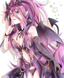  bare_shoulders black_gloves blush breasts character_request cleavage clip_studio_paint_(medium) clothing_cutout commentary_request demon_girl demon_horns demon_tail demon_wings dress elbow_gloves female finger_to_mouth flower gloves gothic_wa_mahou_otome grey_eyes hair_between_eyes hair_flower hair_ornament hand_up highres horns long_hair medium_breasts navel navel_cutout parted_lips pointy_ears purple_dress purple_lips purple_wings red_flower red_hair red_rose ringouulu rose single_glove smile solo starry_background tail very_long_hair white_background wings 