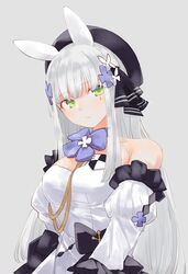  animal_ears bare_shoulders beret breasts choker dress female girls&#039;_frontline green_eyes hair_ornament hat highres hk416_(girls&#039;_frontline) hk416_(herbal-flavored_hard_candy)_(girls&#039;_frontline) long_hair namakura_(a_namakura) off_shoulder official_alternate_costume rabbit_ears solo strapless strapless_dress teardrop_facial_mark teardrop_tattoo white_hair x_hair_ornament 