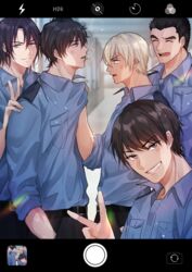  5boys :d ^_^ absurdres amuro_tooru anger_vein angry belt black_belt black_hair black_pants blonde_hair blue_eyes blue_shirt blurry blurry_background brown_eyes brown_hair chitose_(chitose_70207) cigarette closed_eyes closed_mouth collared_shirt commentary_request confrontation date_wataru eye_contact fake_phone_screenshot fake_screenshot fingernails from_side grin hagiwara_kenji hair_between_eyes hand_in_pocket hand_on_another&#039;s_shoulder highres indoors looking_at_another looking_at_viewer male_focus matsuda_jinpei meitantei_conan mouth_hold multiple_boys open_mouth pants police police_uniform policeman scotch_(meitantei_conan) shirt shirt_grab short_hair sleeves_rolled_up smile smoke smoking standing teeth uniform upper_teeth_only v 