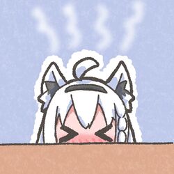  &gt;_&lt; ahoge animal_ears blush braid commentary_request female fox_ears fox_girl hair_between_eyes hiding hiro_saaaaan hololive ijimeka_(meme) meme outline shirakami_fubuki sidelocks single_braid solo virtual_youtuber white_hair white_outline 