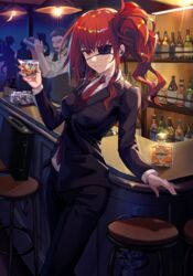  1boy 3others alcohol bartender black_pants bottle breasts commission cup drinking_glass english_commentary eyepatch female holding holding_cup long_sleeves looking_at_viewer maji_de_watashi_ni_koi_shinasai! margit_eberbach multiple_others necktie niac one_side_up pants red_eyes red_hair red_necktie short_hair sidelocks standing vest 