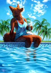  2018 anthro athletic athletic_anthro athletic_female bent_arm bent_legs beverage biped black_nose blue_clothing blue_sky bottomless bra breasts canid canine caustics cheek_tuft closed_eyes clothed clothing cloud container cup dairy_products day detailed detailed_background dipstick_tail drinking_straw extended_arm facial_tuft female fluffy fluffy_tail food fox front_view full-length_portrait fur holding_beverage holding_container holding_cup holding_object inner_ear_fluff kippy_(kippycube) kippycube knees_together legs_in_water legs_over_edge legs_together light lighting mammal markings multicolored_tail neck_tuft orange_body orange_fur outside over_edge palm_tree partially_submerged plant portrait reflection refraction ripple_lighting shirt sitting sky soaking_feet solo sparkles starbucks straw_(disambiguation) submerged_legs sunbathing swimming_pool tail tail_markings tank_top tile topwear tree tuft underwear water water_ripple whipped_cream whiskers 