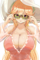  azur_lane bad_id bad_pixiv_id bare_shoulders blonde_hair breasts brown_hair chinese_text cleavage closed_mouth collarbone commentary female frills hair_between_eyes hat highres large_breasts long_hair looking_at_viewer nail_polish official_alternate_costume one-piece_swimsuit orange_nails pink_one-piece_swimsuit plunging_neckline richelieu_(azur_lane) richelieu_(fleuron_of_the_waves)_(azur_lane) simplified_chinese_text smile solo sun_hat sunglasses swimsuit thiosuke upper_body very_long_hair white_background white_hat 