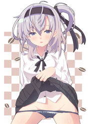  alternate_costume black_headband black_panties black_ribbon black_skirt checkered_background clothes_lift commentary cowboy_shot dress_shirt female grey_eyes grey_hair headband kantai_collection long_hair long_sleeves looking_at_viewer lowleg lowleg_panties neck_ribbon one_side_up panties ribbon sanninme_no_haru shirt skirt skirt_lift solo standing suzutsuki_(kancolle) underwear white_shirt 