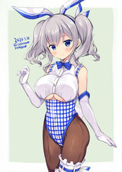  adapted_costume animal_ears blue_eyes border bow bowtie breasts brown_pantyhose cleavage_cutout clothing_cutout commentary_request cowboy_shot dated elbow_gloves female gingham gloves grey_background grey_hair kantai_collection kashima_(kancolle) kobeya kobeya_uniform large_breasts leotard looking_at_viewer odawara_hakone pantyhose playboy_bunny rabbit_ears rabbit_tail sidelocks sleeveless solo standing tail twintails twitter_username two-tone_background underboob wavy_hair white_border white_gloves 