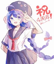  :d ahoge arm_up black_headwear black_sailor_collar black_skirt blue_eyes blue_hair blush bow braid commentary_request eel_hat female grey_background hairbow haruta_(user_dndp3458) long_hair low_twintails oerba_yun_fang open_mouth otomachi_una pleated_skirt red_bow sailor_collar school_uniform serafuku shirt short_sleeves simple_background skirt smile solo talkex translation_request twin_braids twintails twitter_username very_long_hair vocaloid white_shirt 