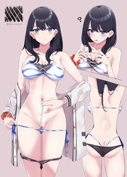  arms_up ass back bare_shoulders bikini black_bikini black_hair blue_bikini blue_eyes blush breasts cardigan cleavage collarbone commentary_request female gridman_universe highres layered_bikini long_hair long_sleeves looking_at_viewer medium_breasts multiple_views navel off_shoulder open_cardigan open_clothes orange_scrunchie penis_measuring ruler scrunchie shirosuzu ssss.gridman striped_bikini striped_clothes sweater swimsuit takarada_rikka thighs white_bikini white_sweater wrist_scrunchie 