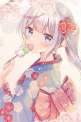  blue_eyes blue_nails blurry blurry_background bow cherry_blossoms dango eating female food from_side gomano_rio gomano_rio_(vtuber) highres japanese_clothes kimono looking_at_viewer multicolored_hair nail_polish obi original sash side_ponytail solo virtual_youtuber wagashi white_hair 