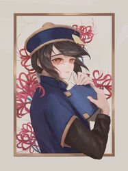  1boy absurdres black_shirt blue_jacket bongun book border brown_eyes brown_hair closed_mouth commentary_request flower framed hat highres holding holding_book jacket jiangshi long_sleeves looking_at_viewer looking_back male_focus medium_hair ofuda qingdai_guanmao ragnarok_online red_flower sandwich_(3meiji) shirt signature solo spider_lily upper_body white_background white_border 