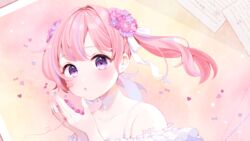  ai_kotoba_iii_(vocaloid) bandaid bandaid_on_face bare_shoulders blush bow character_request collarbone commentary_request female flower hair_flower hair_ornament hairbow hands_up holding long_hair looking_at_viewer maeha multicolored_hair parted_lips pink_flower pink_hair pink_rose purple_eyes purple_flower purple_hair rose solo streaked_hair twintails white_bow 