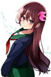  blue_jacket brown_hair cowboy_shot female from_behind green_sailor_collar green_skirt hair_ornament highres jacket kantai_collection katsuobushi_(eba_games) kisaragi_(kancolle) kisaragi_kai_ni_(kancolle) long_hair looking_at_viewer looking_back neckerchief purple_eyes red_neckerchief sailor_collar school_uniform serafuku skirt smile solo white_background 