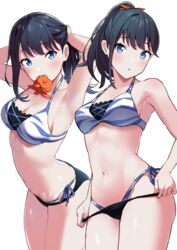  absurdres armpits arms_up bikini black_hair blue_bikini blue_eyes breasts commentary_request female gridman_universe hair_ornament hair_scrunchie hair_tie_in_mouth highres light_blush long_hair mouth_hold multicolored_bikini multicolored_clothes multiple_views navel official_alternate_costume orange_scrunchie ponytail scrunchie side-tie_bikini_bottom ssss.gridman swimsuit takarada_rikka totoki86 tying_hair white_bikini 