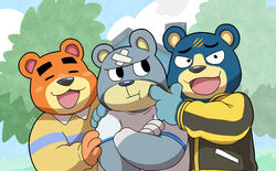  2021 animal_crossing anthro bear black_nose blue_body blue_fur blush brown_body brown_fur closed_eyes clothing curt_(animal_crossing) fur groucho_(animal_crossing) group humanoid_hands kemono male mammal nintendo outside scar shirt slightly_chubby teddy_(animal_crossing) tekimi topwear 