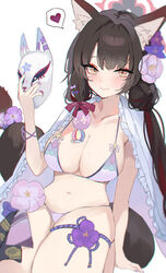  absurdres animal_ear_fluff animal_ears bikini black_hair blue_archive blush breasts cleavage closed_mouth collarbone colored_inner_hair commentary female flower fox_ears fox_mask fox_tail hair_flower hair_ornament halo heart highres holding holding_mask kani_nyan large_breasts long_hair mask multicolored_hair navel official_alternate_costume pink_flower purple_flower red_hair red_halo simple_background smile solo spoken_heart string_bikini swimsuit tail thigh_strap two-tone_hair wakamo_(blue_archive) wakamo_(swimsuit)_(blue_archive) white_background white_bikini yellow_eyes 