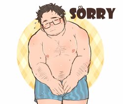  1boy apologizing arm_hair artist_self-insert bara belly blue_male_underwear blush boxers closed_eyes covering_crotch covering_privates cowboy_shot english_text facial_hair flying_sweatdrops glasses goatee_stubble hairy highres long_sideburns male_focus male_underwear mature_male mustache_stubble navel navel_hair nipples original osu_(osumankokuou) pectorals plump semi-rimless_eyewear short_hair shy sideburns sideways_mouth solo sparse_chest_hair standing stomach striped_male_underwear stubble sweat thick_eyebrows topless_male underwear very_sweaty 