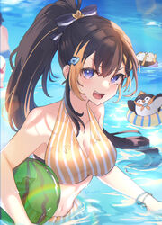  alternate_costume alternate_hairstyle ball bangle beachball bikini bird black_hair blue_eyes bow bracelet breasts cleavage commentary female fish_hair_ornament hair_ornament hairbow high_ponytail highres innertube jewelry kgr large_breasts long_hair looking_at_viewer multicolored_hair nijisanji nijisanji_en ocean open_mouth orange_hair partially_submerged penguin pentomo_(petra_gurin) petra_gurin ponytail smile solo streaked_hair striped_bikini striped_clothes swim_ring swimsuit symbol-only_commentary two-tone_hair very_long_hair virtual_youtuber water wet yellow_bikini 