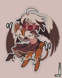  &gt;_&lt; :d ahoge animal_hands brown_hair capelet chibi commentary dancing facial_mark feathered_wings female full_body griffin griffon_(monster_girl_encyclopedia) happy highres holding loen monster_girl monster_girl_encyclopedia multicolored_hair navel open_mouth simple_background skirt smile solo tail two-tone_hair waist_cape white_hair wings xd 