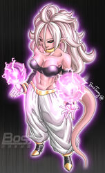  abs absurdres android_21 baggy_pants bandeau black_sclera bosstseng breasts cleavage collarbone colored_sclera commentary_request crop_top detached_sleeves dragon_ball dragon_ball_fighterz ear_piercing earrings energy_ball female full_body groin highres jewelry large_breasts majin_android_21 neck_ring pants piercing pointy_ears red_eyes signature smile solo tail tongue tongue_out watermark 