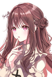  blush brown_hair dress female hair_ornament highres long_hair open_mouth original pink_eyes puracotte signature solo upper_body white_background 