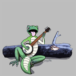  1:1 2017 3_toes ambiguous_gender banjo_(instrument) dated feet green_body grey_background lizard musical_instrument open_mouth pink_tongue playing_banjo plucked_string_instrument reptile scalie signature simple_background simple_eyes solo string_instrument toes tongue tongue_out yookie 