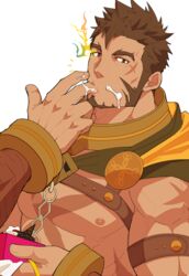  1boy abs bara belt brown_hair cape chains chest_harness commentary_request cream cream_on_face cross_scar crow_(siranui) eating facial_hair finger_in_own_mouth food food_on_face goatee harness heracles_(housamo) highres ice_cream large_pectorals long_sideburns looking_at_viewer male_focus muscular muscular_male nipples open_mouth pectorals scar scar_on_chest sexually_suggestive short_hair sideburns simple_background solo suggestive_fluid tokyo_afterschool_summoners upper_body 