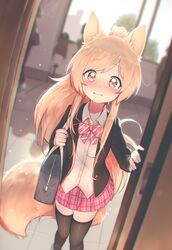  absurdres animal_ears bag black_jacket black_thighhighs blonde_hair blush bow bowtie closed_mouth commentary_request commission door female fox_ears fox_girl fox_tail highres hoplitx indoors jacket long_hair looking_at_viewer original pink_bow pink_bowtie pink_skirt pixiv_commission plaid plaid_skirt pleated_skirt ponytail school_bag school_uniform shirt sidelocks skirt solo_focus sweat tail thighhighs very_long_hair white_shirt window 