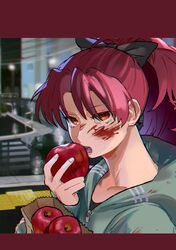  absurdres apple aqua_hoodie biting black_tank_top blood blood_on_clothes blood_on_face collarbone crosswalk female food fruit highres holding holding_food holding_fruit lamppost letterboxed long_hair looking_at_viewer mahou_shoujo_madoka_magica mahou_shoujo_madoka_magica_(anime) night oil-paper_umbrella ponytail red_eyes red_hair road sakura_kyoko solo tactile_paving tank_top teeth tongue umbrella wet yooki_(winter_cakes) 