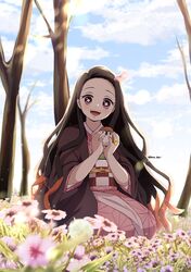  absurdres bird black_hair chuntarou_(kimetsu_no_yaiba) commentary female flower gradient_hair hair_ribbon haori highres japanese_clothes kamado_nezuko kimetsu_no_yaiba kimono long_hair long_sleeves looking_at_viewer mouth_hold multicolored_hair obi open_mouth outdoors pink_eyes pink_kimono pink_ribbon pori_(kmt_pori) protected_link ribbon sash symbol-only_commentary twitter_username very_long_hair 