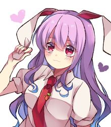  :3 animal_ears bad_id bad_twitter_id blouse carrot_pin collared_shirt female heart highres light_purple_hair long_hair meimei_(meimei89008309) necktie puffy_short_sleeves puffy_sleeves purple_hair rabbit_ears red_eyes red_necktie reisen_udongein_inaba shirt short_sleeves simple_background solo touhou white_background white_shirt 