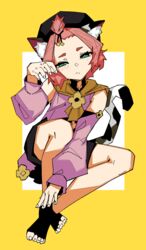  10_4_(10f0ur) absurdres animal_ear_fluff animal_ears beret black_hat black_pants black_socks cat_ears cat_girl cat_tail detached_sleeves diona_(genshin_impact) female frown genshin_impact half-closed_eyes hat head_tilt highres invisible_chair leaning_to_the_side looking_at_viewer neckerchief open_hands pants pink_hair purple_shirt shirt sitting socks solo tail toeless_legwear yellow_neckerchief 