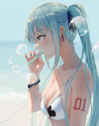  200f_(nifu) absurdres aqua_eyes aqua_hair arm_tattoo bikini black_ribbon blowing_bubbles blue_background bracelet breasts bubble bubble_pipe cleavage commentary earrings female from_side hair_over_shoulder halterneck hatsune_miku highres holding jewelry long_hair mouth_hold nail_polish number_tattoo print_bikini profile red_nails ribbon shade sidelocks skindentation solo string_bikini swimsuit tattoo twintails upper_body vocaloid 