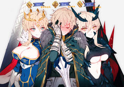  ... 1boy 2girls ahoge armor artoria_pendragon_(fate) artoria_pendragon_(lancer)_(fate) artoria_pendragon_(lancer_alter)_(fate) aunt_and_nephew bad_deviantart_id bad_id blonde_hair blue_eyes blush braid breasts cape cleavage closed_eyes closed_mouth commentary cross crown dark_persona dark_rhongomyniad english_commentary excalibur_galatine_(fate) fate/extra fate/grand_order fate_(series) faulds french_braid full-face_blush fur-trimmed_cape fur_trim gauntlets gawain_(fate) green_cape green_eyes hair_between_eyes hand_on_own_cheek hand_on_own_face hands_up high_collar holding holding_sword holding_weapon horns large_breasts leaning_on_person looking_at_another looking_at_viewer messy_hair multiple_girls navel nervous pacoscandy pauldrons photoshop_(medium) polearm red_cape rhongomyniad_(fate) shoulder_armor side-by-side sidelocks sleeveless sleeveless_turtleneck smile spear speech_bubble standing stomach sweatdrop sword tied_hair turtleneck underboob weapon yellow_eyes 