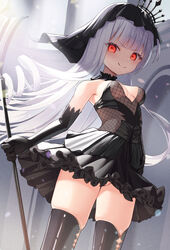  azur_lane black_dress black_footwear black_gloves black_veil boots breasts bridal_veil cleavage closed_mouth cowboy_shot crown dress elbow_gloves female fishnet_fabric frilled_dress frills gloves glowing glowing_eyes highres holding holding_scepter humo looking_at_viewer medium_breasts narrowed_eyes no_panties queen_elizabeth_(azur_lane) queen_elizabeth_(meta)_(azur_lane) scepter skindentation smile solo standing thigh_boots veil white_hair 