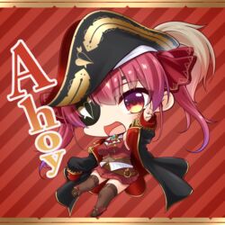  :d bare_shoulders bicorne black_hat black_jacket blush boots breasts brown_footwear brown_thighhighs catchphrase chibi commentary_request covered_navel diagonal_stripes epaulettes eyepatch female fold-over_boots full_body hair_between_eyes hair_ribbon hat hololive houshou_marine houshou_marine_(1st_costume) jacket long_hair long_sleeves looking_at_viewer medium_breasts open_clothes open_jacket open_mouth outstretched_arm pleated_skirt pointing red_background red_eyes red_hair red_ribbon red_shirt red_skirt ribbon shachoo. shirt skirt sleeveless sleeveless_shirt sleeves_past_fingers sleeves_past_wrists smile solo striped striped_background thighhighs thighhighs_under_boots twintails virtual_youtuber 