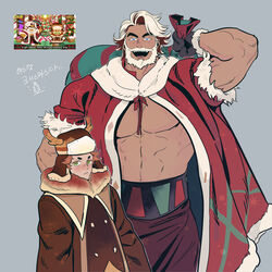  2boys abs absurdres antlers bad_id bad_twitter_id bara beard blue_eyes blush cookie_run eggnog_cookie facial_hair feet_out_of_frame gift_bag height_difference highres horns humanization jar_(jar_ans) korean_commentary large_pectorals looking_at_viewer male_focus mature_male moustache multiple_boys muscular muscular_male navel nipples pectoral_cleavage pectorals reference_inset reindeer_antlers santa_costume short_hair stomach thick_eyebrows tiramisu_cookie underpec white_hair 