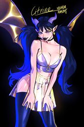  black_background black_hair black_thighhighs blue_horns breasts character_name citrine_(manda_schank) cleavage demon_girl earrings female highres horns jewelry large_breasts long_hair manda_schank original pointy_ears signature simple_background solo thighhighs twintails very_long_hair wings yellow_nails 