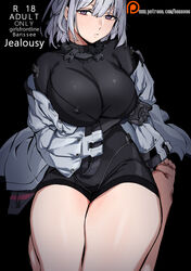  absurdres banssee barefoot black_bodysuit black_dress bodysuit breasts closed_mouth commentary_request covered_nipples dress female girls&#039;_frontline grey_hair grey_jacket hair_between_eyes highres huge_breasts jacket korean_commentary off_shoulder patreon_logo purple_eyes rpk-16_(girls&#039;_frontline) seiza sitting solo tactical_clothes thick_thighs thighs toes 