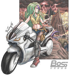  bosstseng breasts cameo cloud commentary_request crop_top female green_hair gun handgun holster lightning medium_breasts midriff misery_(outer_zone) motor_vehicle motorcycle mountain multicolored_hair navel outer_zone pantyhose pikachu pointy_ears pokemon pouch purple_hair shin_guards shoes short_shorts shorts signature smile sneakers sunglasses tentacle two-tone_hair unworn_eyewear watermark weapon 