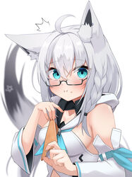  ^^^ absurdres ahoge animal_ear_fluff animal_ears blue_neckerchief blurry blurry_background blush braid breasts commentary_request detached_sleeves earrings eating female food food_on_face fox_ears fox_girl fox_tail glasses green_eyes hair_between_eyes highres holding holding_food hololive hood hoodie jewelry long_hair looking_at_viewer medium_breasts micon neckerchief pentagram shirakami_fubuki shirakami_fubuki_(1st_costume) sidelocks simple_background single_braid solo tail virtual_youtuber white_background white_hair white_hoodie 