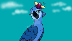  avian beak bird blue_body blue_feathers blue_macaw blue_sky_studios cloud deviantart_logo feathers female flower flower_on_head jewel_(rio) plant rio_(series) signature silentpony-art simple_background sky solo 