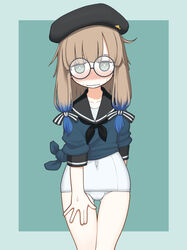  arm_behind_back ass_visible_through_thighs beret black_bow black_hat black_neckerchief black_sailor_collar blue_hair blue_shirt blunt_bangs blush border bow bright_pupils brown_hair collarbone colored_tips covered_navel embarrassed fate/grand_order fate_(series) female glasses green_background green_border green_eyes hairbow hand_on_own_thigh hat highres long_hair looking_at_viewer low-tied_sidelocks mole mole_above_mouth mole_under_eye multicolored_hair multiple_hair_bows neckerchief nemo_(fate) nervous_smile nervous_sweating no_pants nose_blush one-piece_swimsuit professor_nemo_(fate) round_eyewear sailor_collar school_swimsuit school_uniform serafuku serasuku shirt sidelocks smile solo standing straight-on striped striped_bow sweat swimsuit swimsuit_under_clothes thigh_gap tied_shirt wavy_mouth white_one-piece_swimsuit white_pupils yunji 