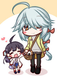  2girls :d ^_^ aged_down ahoge bag black_footwear black_hair black_legwear blue_footwear blue_skirt blush_stickers boots bow brown_background brown_eyes chibi closed_eyes closed_mouth colored_shadow commentary_request duplicate fujinami_(kancolle) grey_hair grey_shirt grey_shorts hairbow hamanami_(kancolle) holding_hands jacket kantai_collection komakoma_(magicaltale) long_hair long_sleeves low_ponytail multiple_girls open_clothes open_jacket open_mouth pantyhose pantyhose_under_shorts pixel-perfect_duplicate red_bow red_legwear shadow shirt shoes short_shorts shorts shoulder_bag skirt sleeves_past_wrists smile socks two-tone_background very_long_hair white_background white_jacket yellow_jacket 