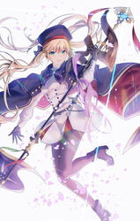  absurdres artoria_caster_(fate) artoria_caster_(second_ascension)_(fate) artoria_pendragon_(fate) belt black_gloves blonde_hair blue_belt blue_capelet blue_headwear boots breasts capelet dress fate/grand_order fate_(series) female gloves green_eyes highres holding holding_staff katase_bono long_hair long_sleeves looking_at_viewer multicolored_capelet open_mouth pantyhose smile solo staff twintails white_dress 