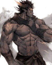  1boy abs arm_tattoo bandaged_arm bandages bara beard biceps black_hair chest_tattoo dark-skinned_male dark_skin facial_hair gauntlets grabbing hand_on_own_hip horns large_pectorals looking_to_the_side male_focus manly mature_male muscular muscular_male navel nikism nipples obliques original pectorals pointy_ears scarf skirt solo spiked_hair stomach_tattoo tattoo thick_arms topless_male upper_body v-taper veins veiny_arms yellow_eyes 