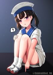  ! black_hair blush dress female hair_between_eyes hat highres kantai_collection looking_at_viewer parted_lips purple_eyes rudder_footwear sailor_dress sailor_hat short_hair short_sleeves shounan_(kancolle) socks solo spoken_exclamation_mark twintails twitter_username unidentified_nk white_dress white_hat white_socks 