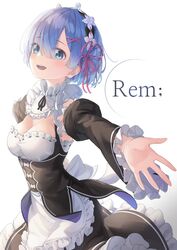  :d absurdres blue_eyes blue_hair blush breasts character_name cleavage commentary detached_sleeves dress female frills hair_ornament hair_over_one_eye hair_ribbon highres kimyo large_breasts long_sleeves looking_at_viewer maid maid_headdress open_mouth outstretched_arms pink_ribbon puffy_sleeves re:zero_kara_hajimeru_isekai_seikatsu rem_(re:zero) ribbon roswaal_mansion_maid_uniform short_hair smile solo symbol teeth upper_teeth_only x_hair_ornament 