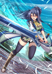  adsouto blue_hair boots breasts brown_footwear cost cross-laced_footwear eiyuu_densetsu female greatsword highres holding holding_sword holding_weapon knee_boots lace-up_boots laura_s._arseid long_hair looking_at_viewer ponytail ribbon sen_no_kiseki sword thighhighs thighhighs_under_boots very_long_hair weapon yellow_eyes 