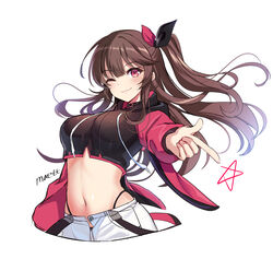  absurdres alternate_costume black_choker black_panties black_shirt breasts brown_hair choker closed_mouth commentary_request counter:side crop_top drawstring female finger_gun hair_ribbon high_collar highleg highleg_panties highres idol jacket long_hair long_sleeves looking_at_viewer lumi_(counter:side) maett medium_breasts midriff navel one_eye_closed one_side_up open_clothes open_fly open_jacket outstretched_arm panties panty_peek pink_jacket revealing_clothes ribbon shirt shorts sidelocks simple_background smile solo star_(symbol) stomach string_panties underwear white_background white_shorts 